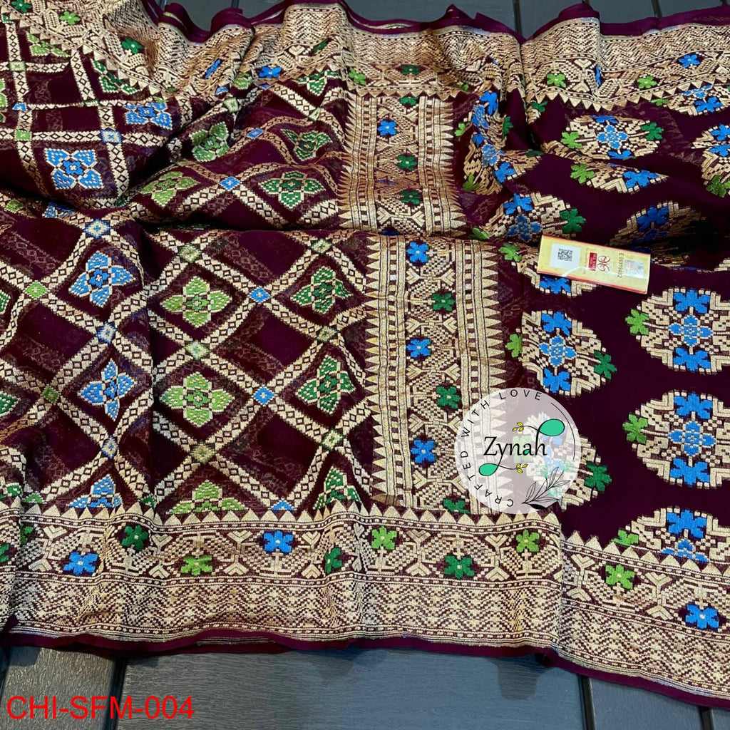 Zynah Pure Khaddi Georgette Meenakari Saree with Golden Zari Weave; Custom Stitched/Ready-made Blouse, Fall, Petticoat; Shipping available USA, Worldwide