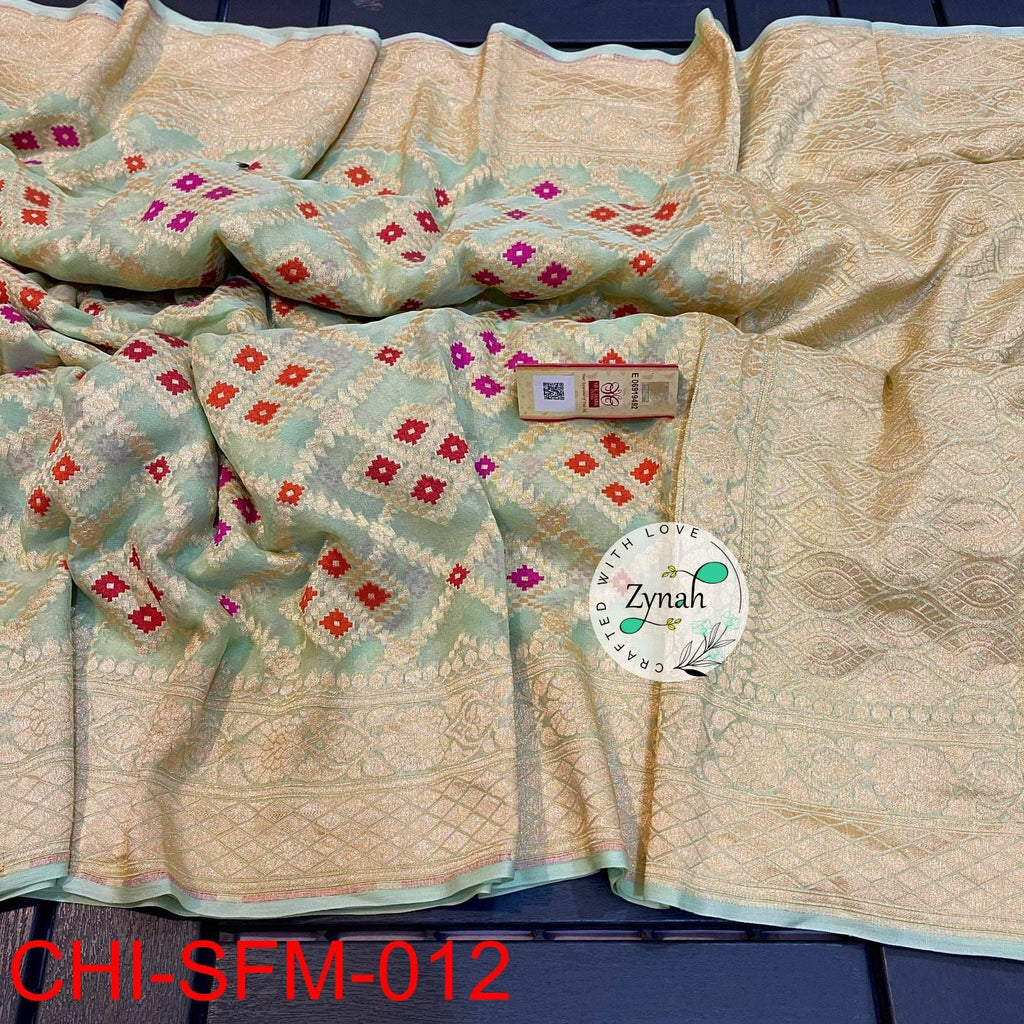 Zynah Pure Khaddi Georgette Meenakari Saree with Golden Zari Weave; Custom Stitched/Ready-made Blouse, Fall, Petticoat; Shipping available USA, Worldwide