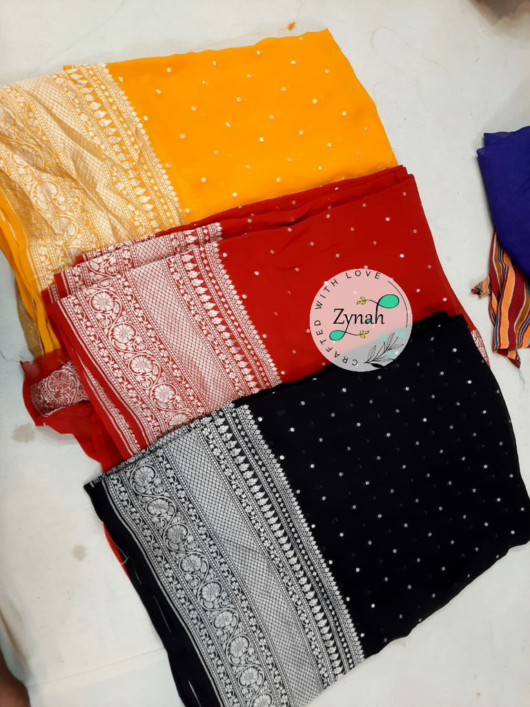 Zynah Pure Khaddi Georgette Saree with Golden Zari Weave; Custom Stitched/Ready-made Blouse, Fall, Petticoat; Shipping available USA, Worldwide