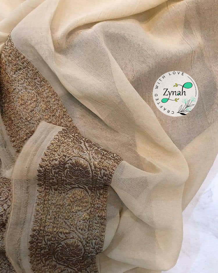 Zynah Pure Khaddi Georgette Saree with Golden Zari Weave; Custom Stitched/Ready-made Blouse, Fall, Petticoat; Shipping available USA, Worldwide