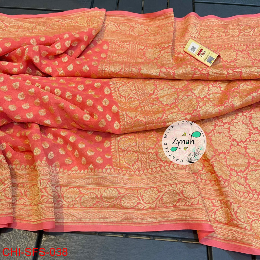 Zynah Pure Khaddi Georgette Saree with Golden Zari Weave; Custom Stitched/Ready-made Blouse, Fall, Petticoat; Shipping available USA, Worldwide