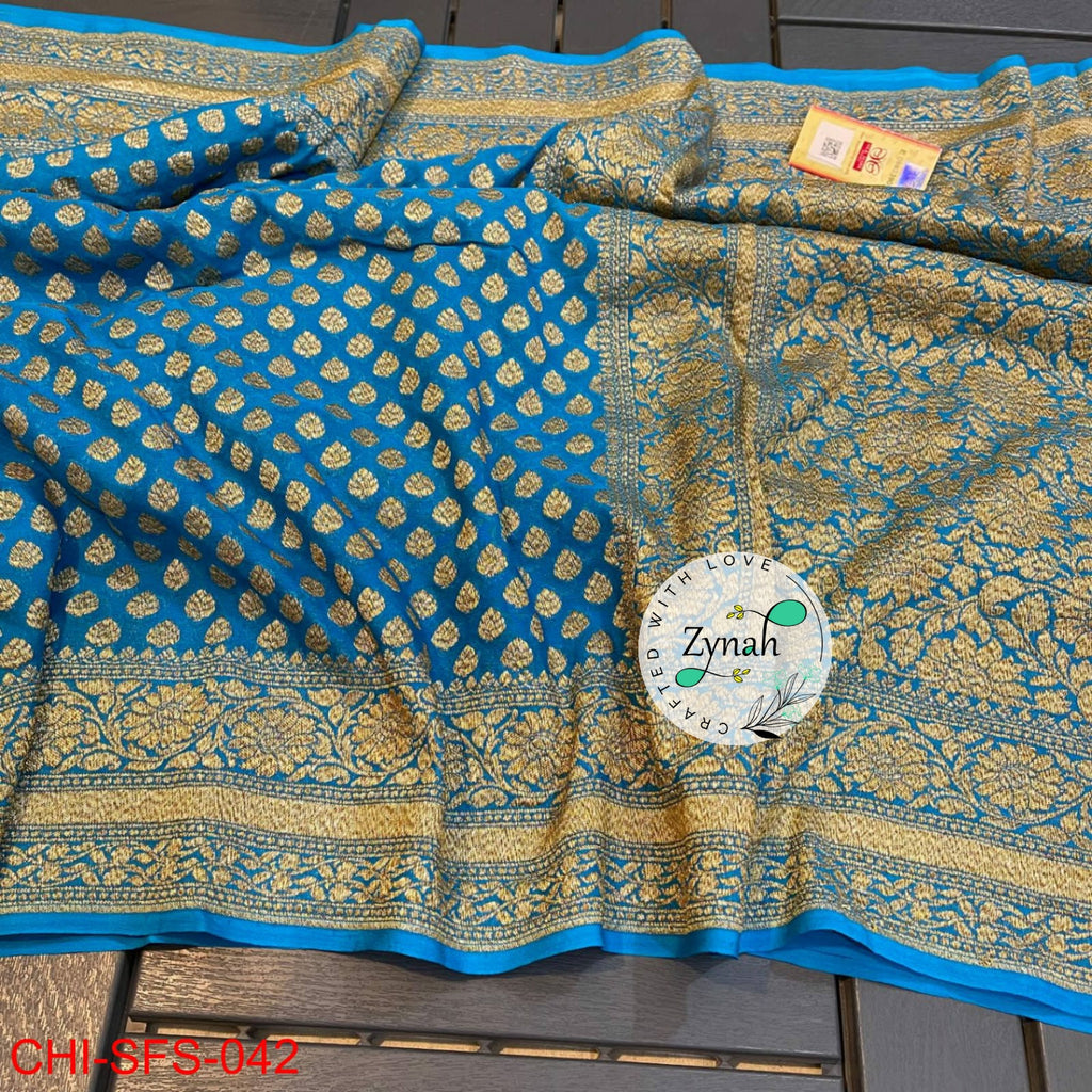 Zynah Pure Khaddi Georgette Saree with Golden Zari Weave; Custom Stitched/Ready-made Blouse, Fall, Petticoat; Shipping available USA, Worldwide
