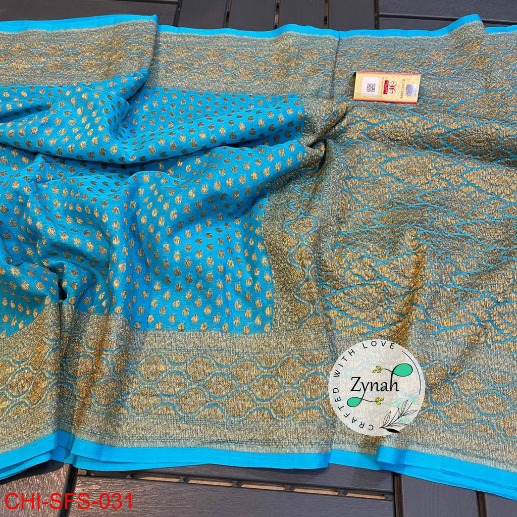 Zynah Pure Khaddi Georgette Saree with Golden Zari Weave; Custom Stitched/Ready-made Blouse, Fall, Petticoat; Shipping available USA, Worldwide