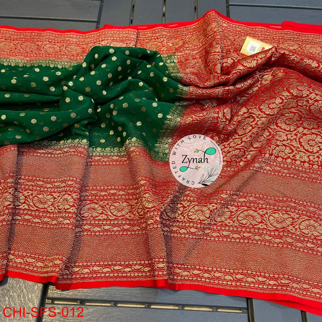 Zynah Pure Khaddi Georgette Saree with Golden Zari; Custom Stitched/Ready-made Blouse, Fall, Petticoat; Shipping available USA, Worldwide