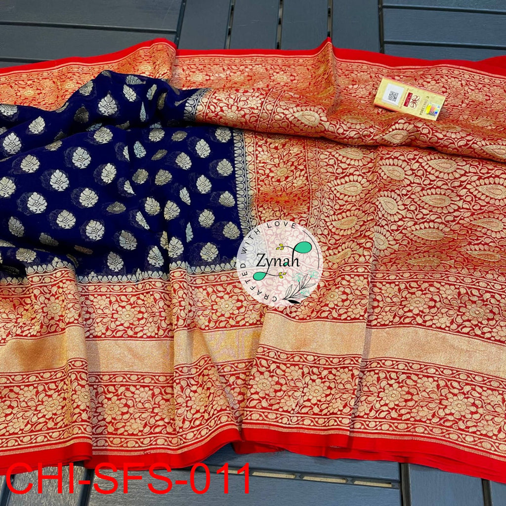 Zynah Pure Khaddi Georgette Saree with Golden Zari; Custom Stitched/Ready-made Blouse, Fall, Petticoat; Shipping available USA, Worldwide