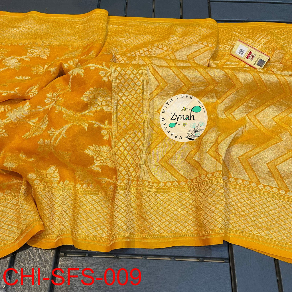 Zynah Pure Khaddi Georgette Saree with Golden Zari Weave; Custom Stitched/Ready-made Blouse, Fall, Petticoat; Shipping available USA, Worldwide