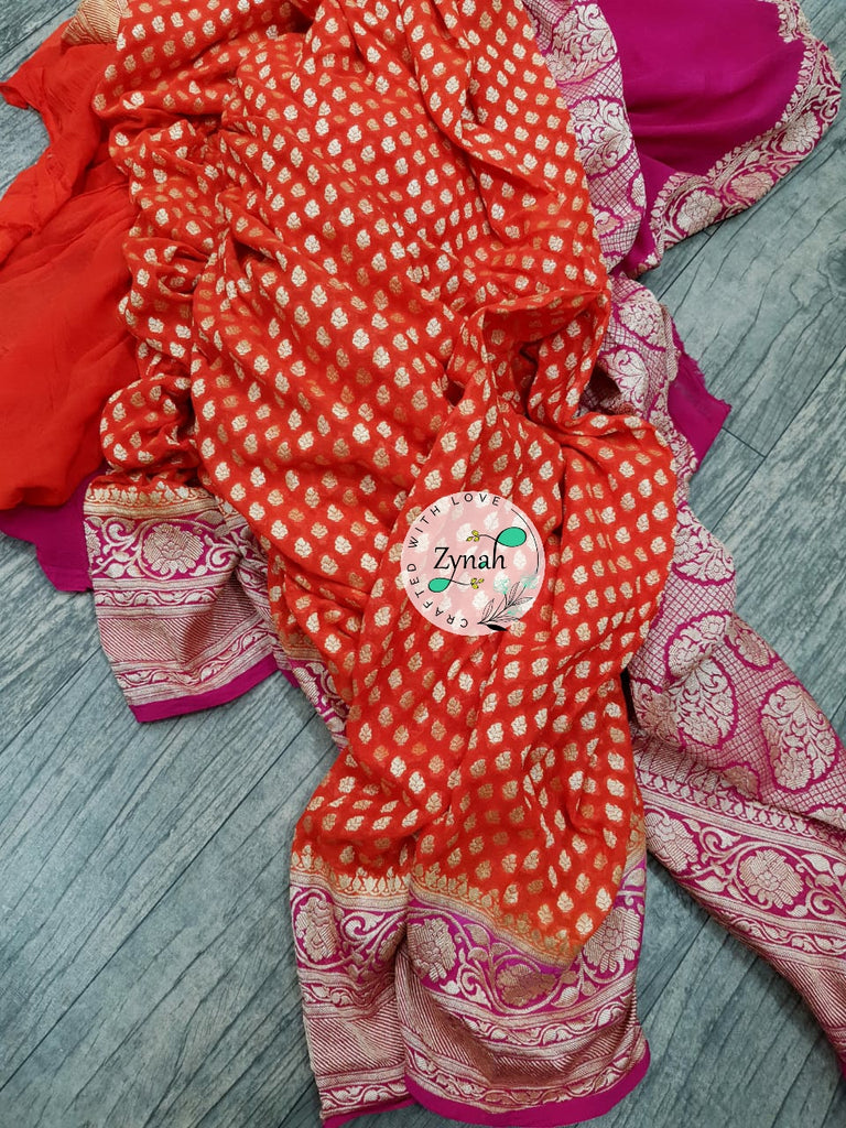 Zynah Pure Khaddi Georgette Saree with Golden Zari Weave; Custom Stitched/Ready-made Blouse, Fall, Petticoat; Shipping available USA, Worldwide