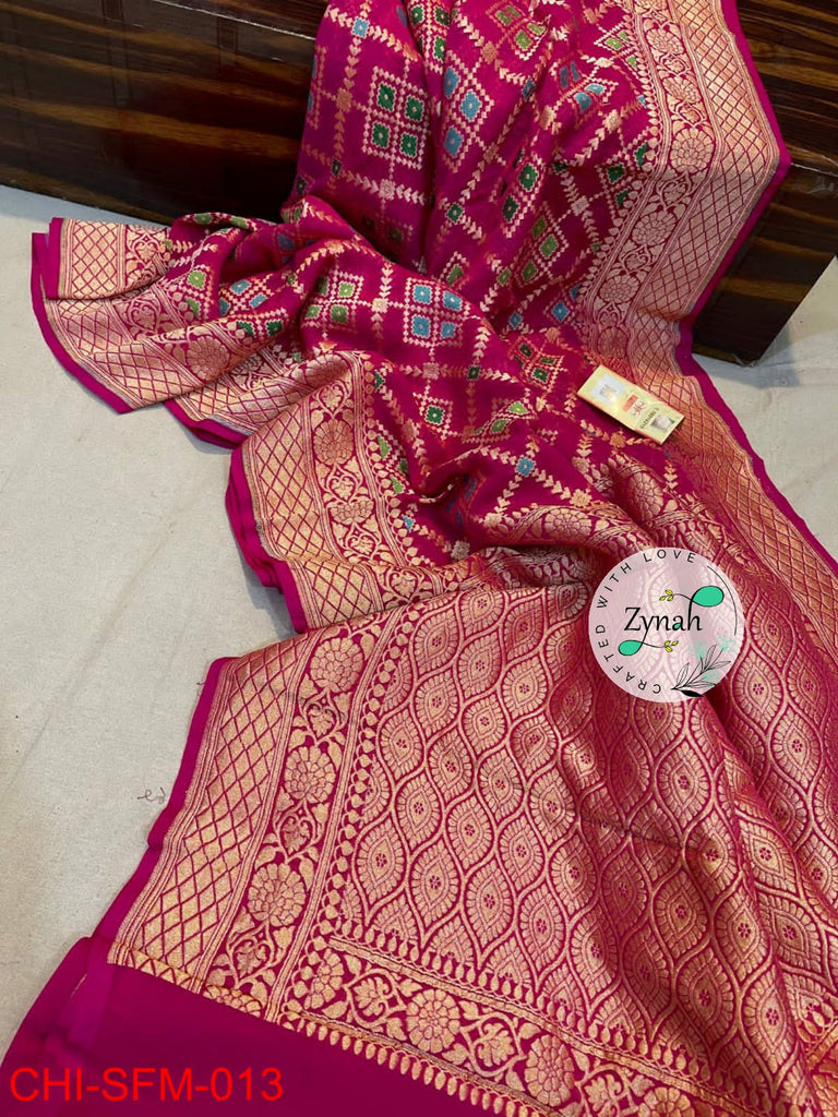 Zynah Pure Khaddi Georgette Meenakari Saree with Golden Zari Weave; Custom Stitched/Ready-made Blouse, Fall, Petticoat; Shipping available USA, Worldwide