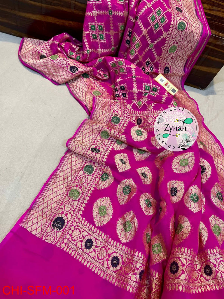 Zynah Pure Khaddi Georgette Meenakari Saree with Golden Zari Weave; Custom Stitched/Ready-made Blouse, Fall, Petticoat; Shipping available USA, Worldwide