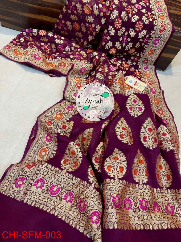 Zynah Pure Khaddi Georgette Meenakari Saree with Golden Zari Weave; Custom Stitched/Ready-made Blouse, Fall, Petticoat; Shipping available USA, Worldwide