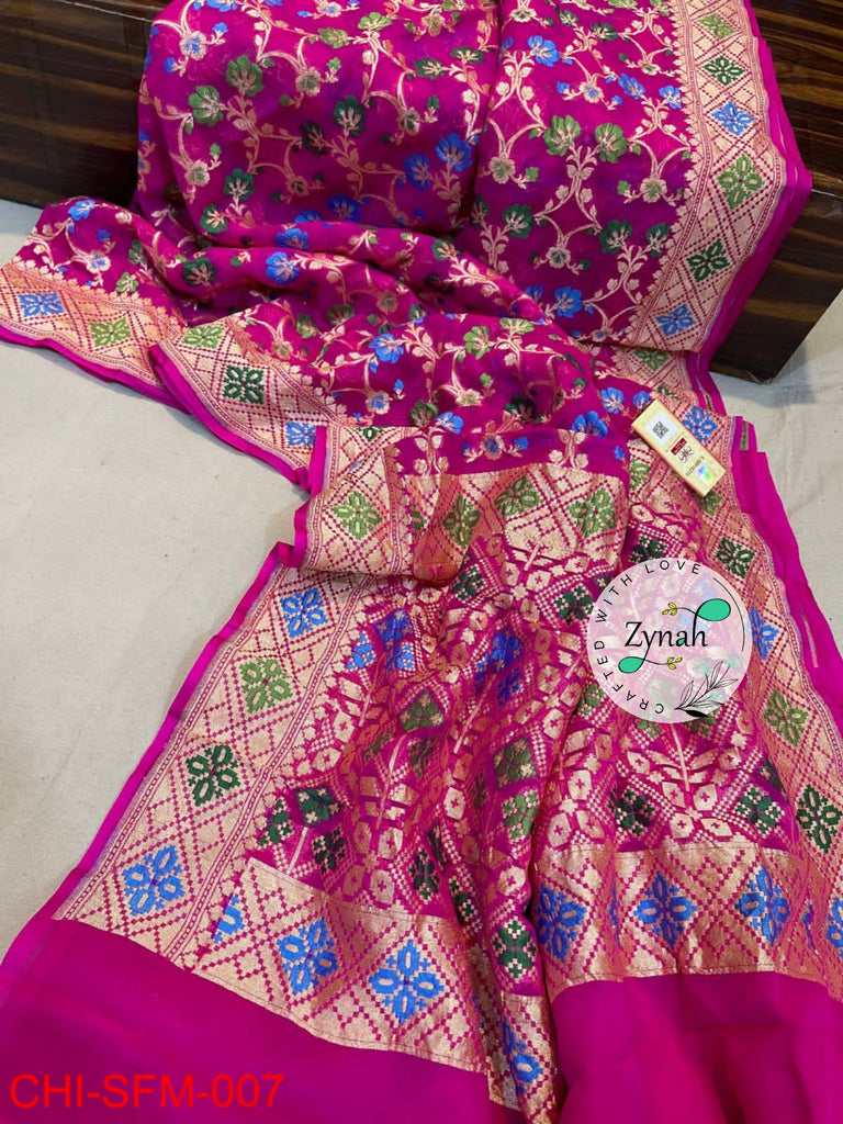 Zynah Pure Khaddi Georgette Meenakari Saree with Golden Zari Weave; Custom Stitched/Ready-made Blouse, Fall, Petticoat; Shipping available USA, Worldwide