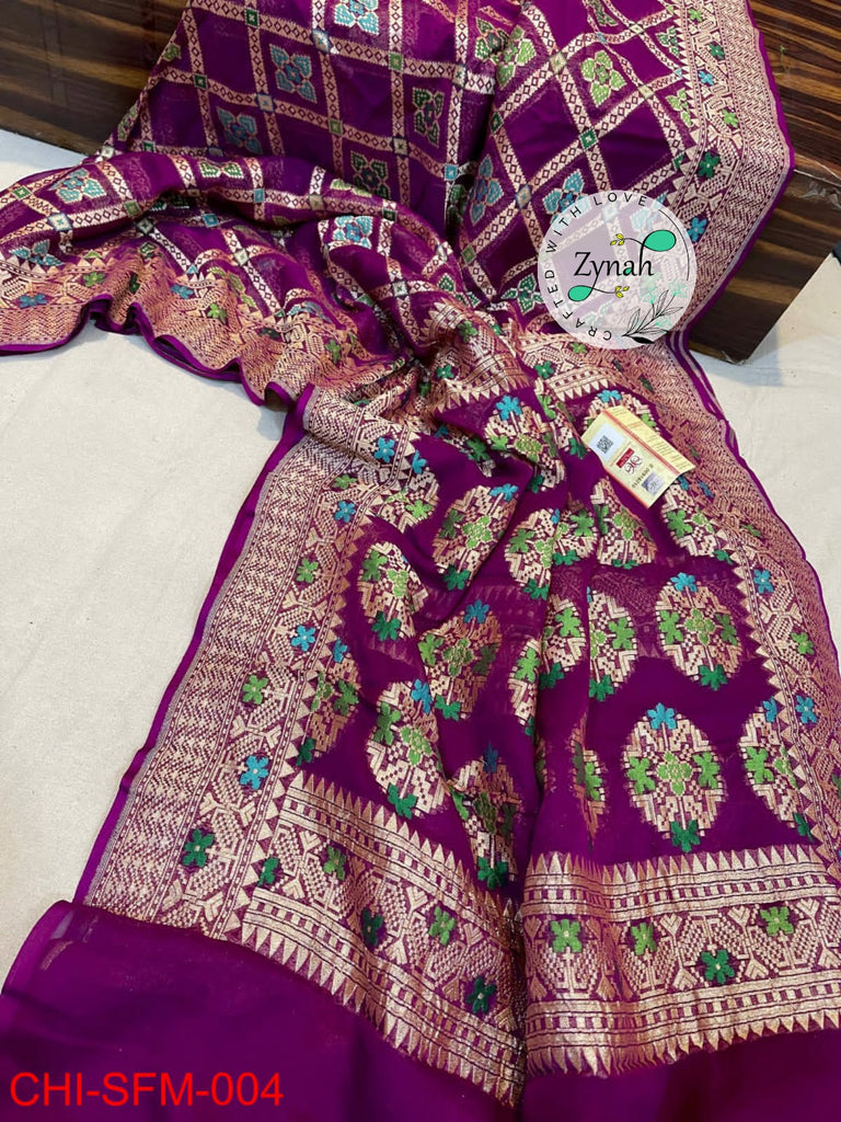 Zynah Pure Khaddi Georgette Meenakari Saree with Golden Zari Weave; Custom Stitched/Ready-made Blouse, Fall, Petticoat; Shipping available USA, Worldwide