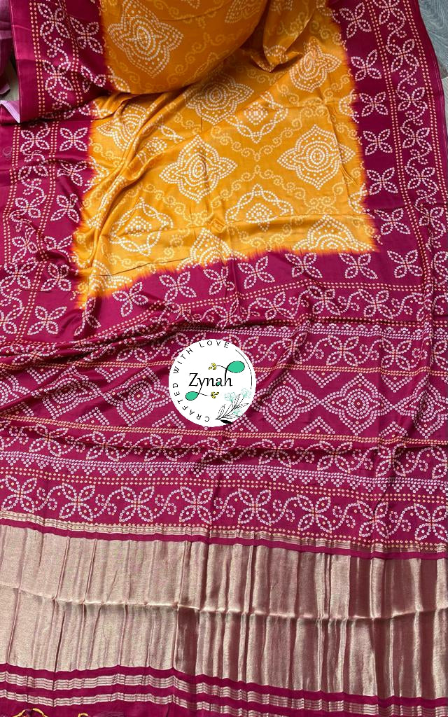 Zynah Pure Gajji Silk Bandhani Saree with Tissue Zari Pallu; Custom Stitched/Ready-made Blouse, Fall, Petticoat; Shipping available USA, Worldwide