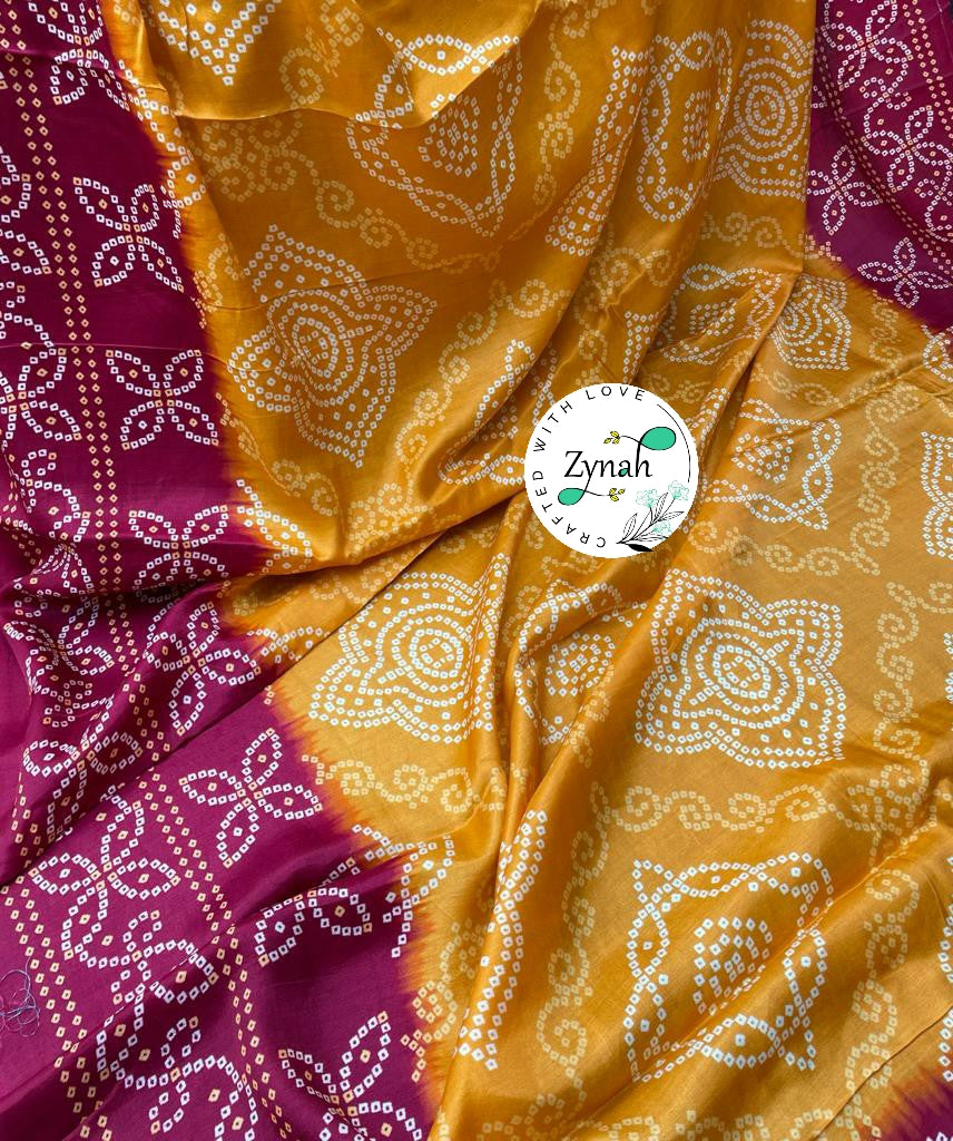 Zynah Pure Gajji Silk Bandhani Saree with Tissue Zari Pallu; Custom Stitched/Ready-made Blouse, Fall, Petticoat; Shipping available USA, Worldwide