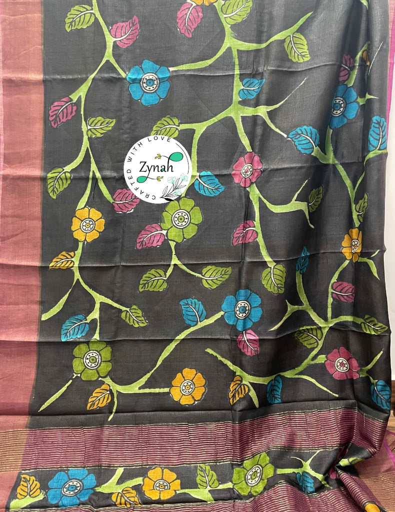 Zynah Pure Tussar Silk Hand-painted Kalamkari Saree; Custom Stitched/Ready-made Blouse, Fall, Petticoat; Shipping available USA, Worldwide