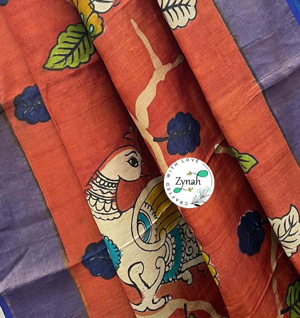Zynah Pure Tussar Silk Hand-painted Kalamkari Saree; Custom Stitched/Ready-made Blouse, Fall, Petticoat; Shipping available USA, Worldwide