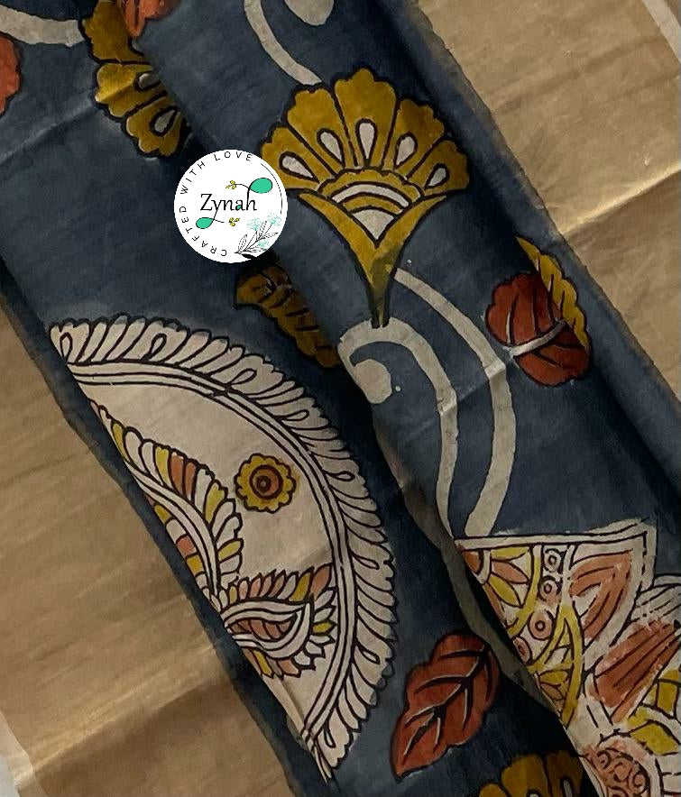 Zynah Pure Tussar Silk Hand-painted Kalamkari Saree; Custom Stitched/Ready-made Blouse, Fall, Petticoat; Shipping available USA, Worldwide
