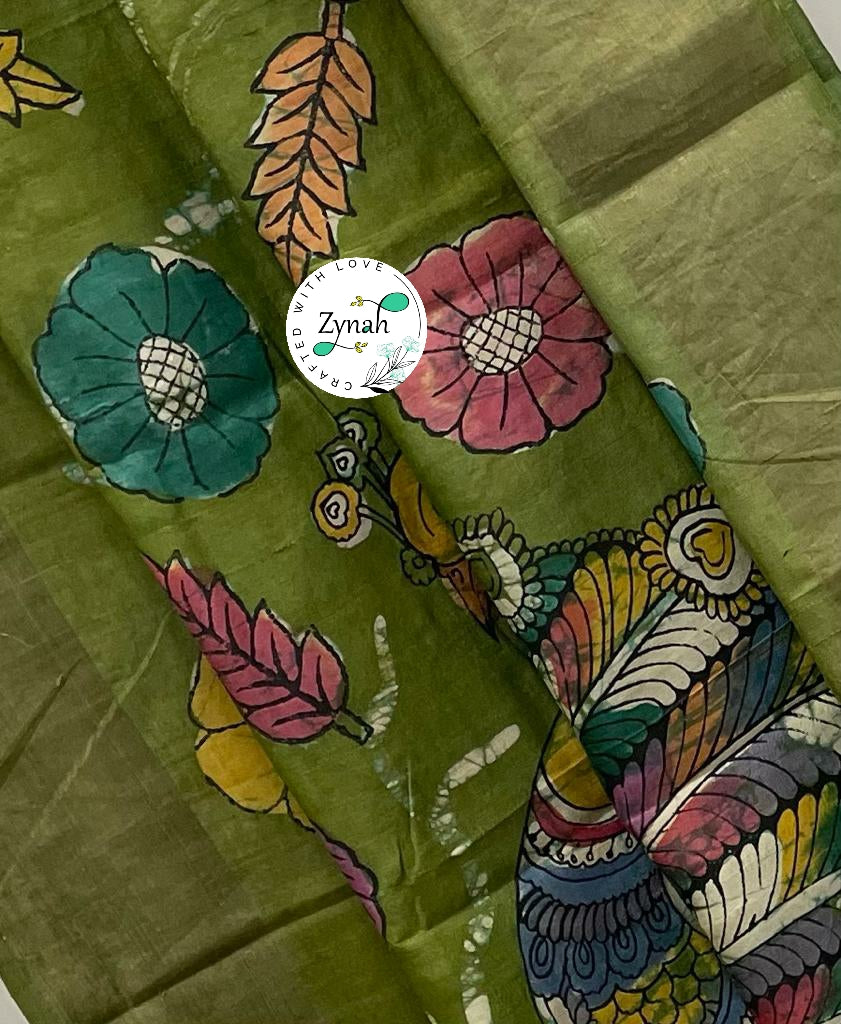 Zynah Pure Tussar Silk Hand-painted Kalamkari Saree; Custom Stitched/Ready-made Blouse, Fall, Petticoat; Shipping available USA, Worldwide