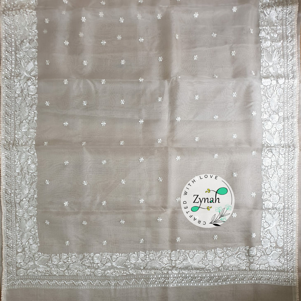 Zynah Pure Organza Silk Saree with Parsi Gara Embroidery & Crochet Lace; Custom Stitched/Ready-made Blouse, Fall, Petticoat; Shipping available USA, Worldwide