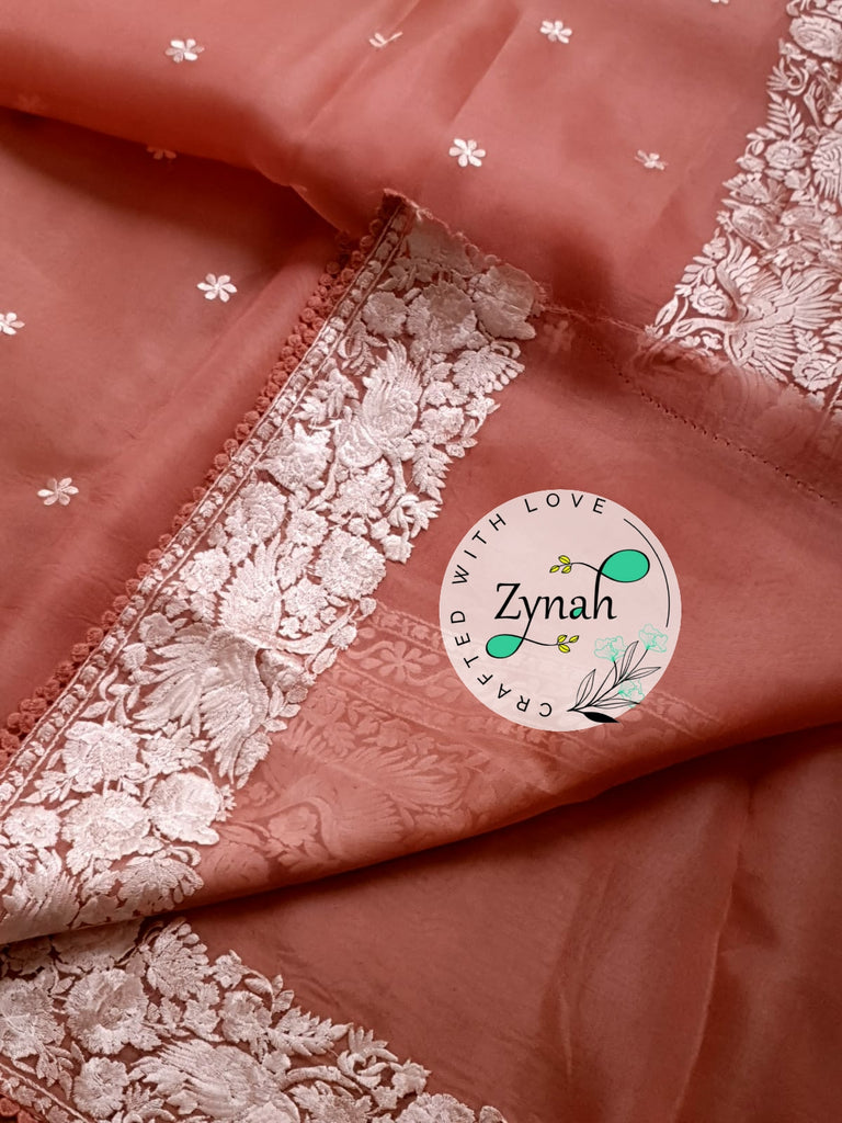Zynah Pure Organza Silk Saree with Parsi Gara Embroidery & Crochet Lace; Custom Stitched/Ready-made Blouse, Fall, Petticoat; Shipping available USA, Worldwide