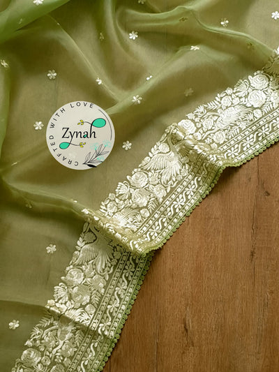 Zynah Pure Organza Silk Saree with Parsi Gara Embroidery & Crochet Lace; Custom Stitched/Ready-made Blouse, Fall, Petticoat; Shipping available USA, Worldwide