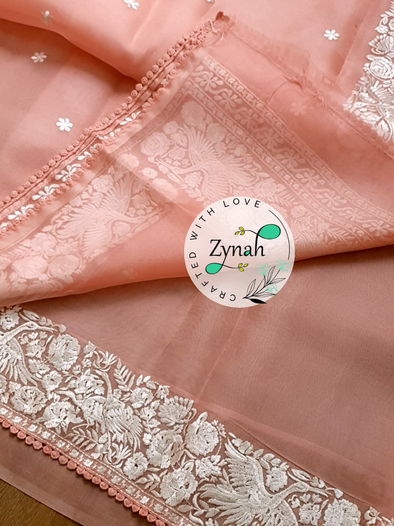 Zynah Pure Organza Silk Saree with Parsi Gara Embroidery & Crochet Lace; Custom Stitched/Ready-made Blouse, Fall, Petticoat; Shipping available USA, Worldwide