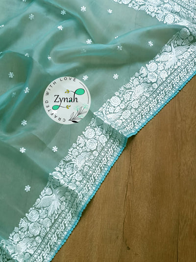 Zynah Pure Organza Silk Saree with Parsi Gara Embroidery & Crochet Lace; Custom Stitched/Ready-made Blouse, Fall, Petticoat; Shipping available USA, Worldwide