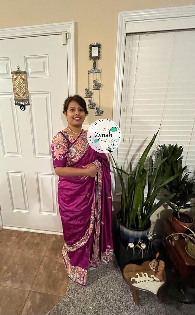 Zynah Pink Color Made to Order Pure Tussar Silk Parsi Gara Handcrafted Saree; Custom Stitched/Ready-made Blouse, Fall, Petticoat; Shipping available USA, Worldwide