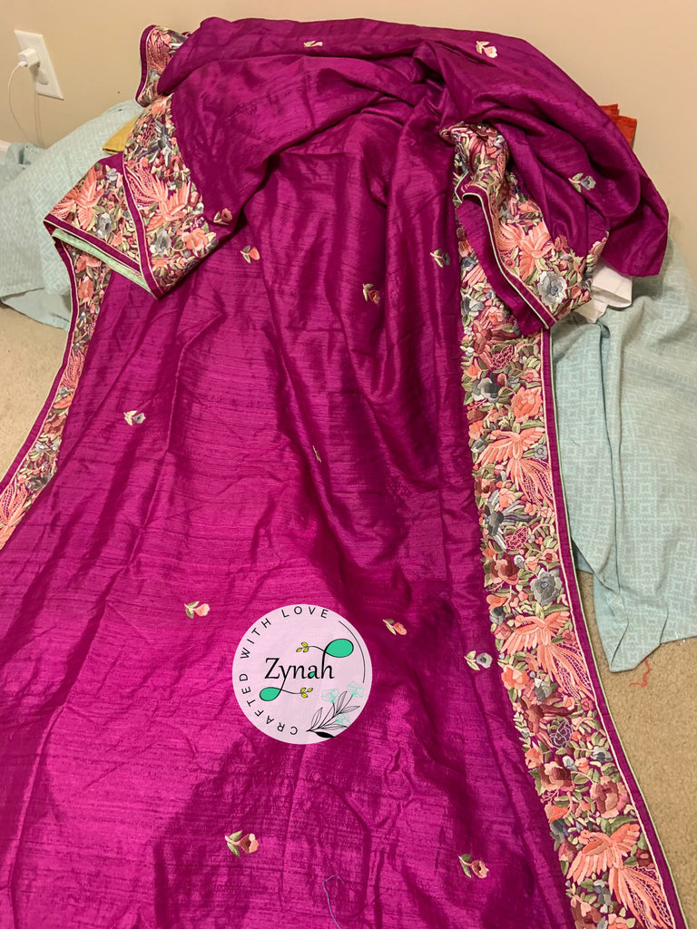 Zynah Pink Color Made to Order Pure Tussar Silk Parsi Gara Handcrafted Saree; Custom Stitched/Ready-made Blouse, Fall, Petticoat; Shipping available USA, Worldwide