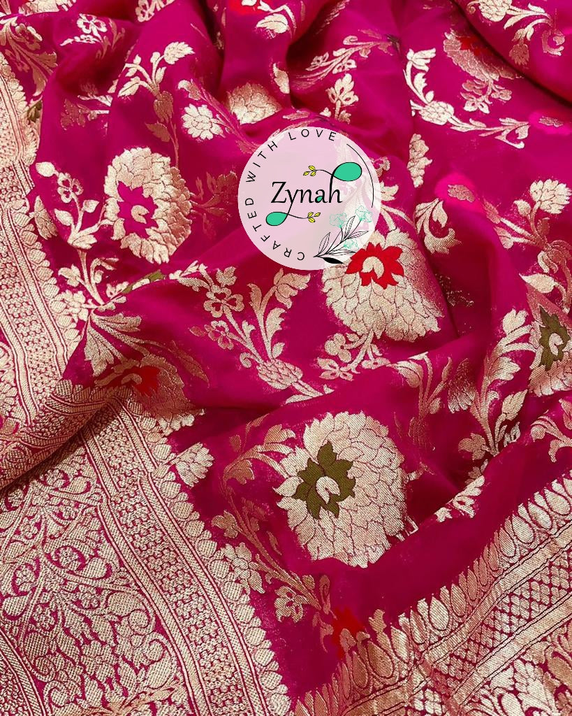 Zynah Pink Color Pure Khaddi Georgette Banarasi Saree with Golden Zari & Meenakari Weaved Motifs; Custom Stitched/Ready-made Blouse, Fall, Petticoat; Shipping available USA, Worldwide