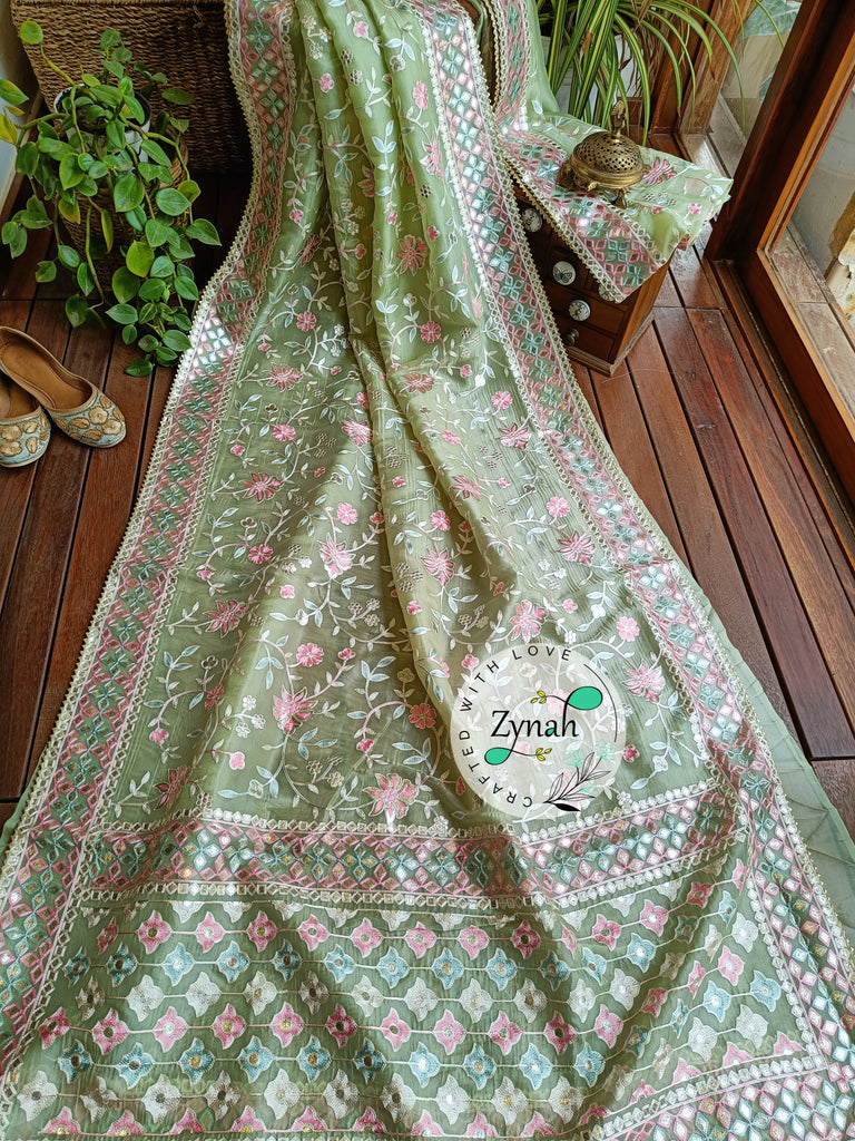 Zynah Pure Organza Silk Saree with Gotapatti Lace, Foil & Thread Embroidery Work; Custom Stitched/Ready-made Blouse, Fall, Petticoat; Shipping available USA, Worldwide