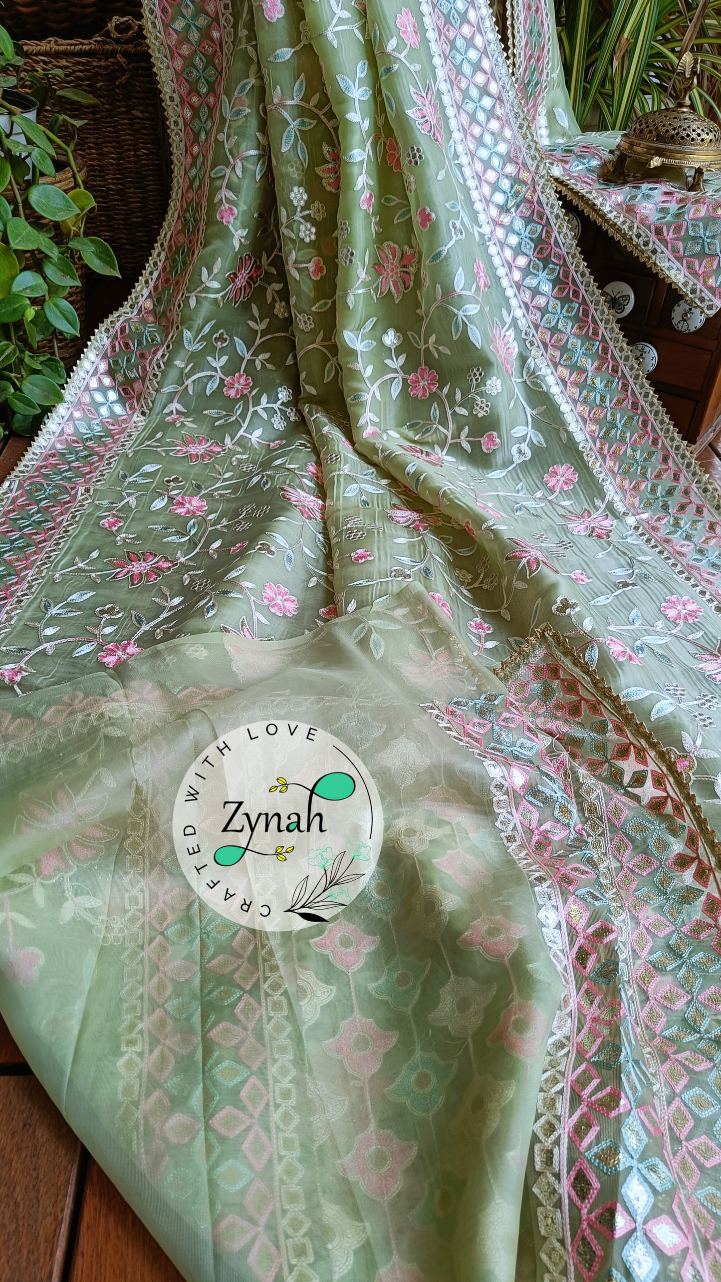 Zynah Pure Organza Silk Saree with Gotapatti Lace, Foil & Thread Embroidery Work; Custom Stitched/Ready-made Blouse, Fall, Petticoat; Shipping available USA, Worldwide