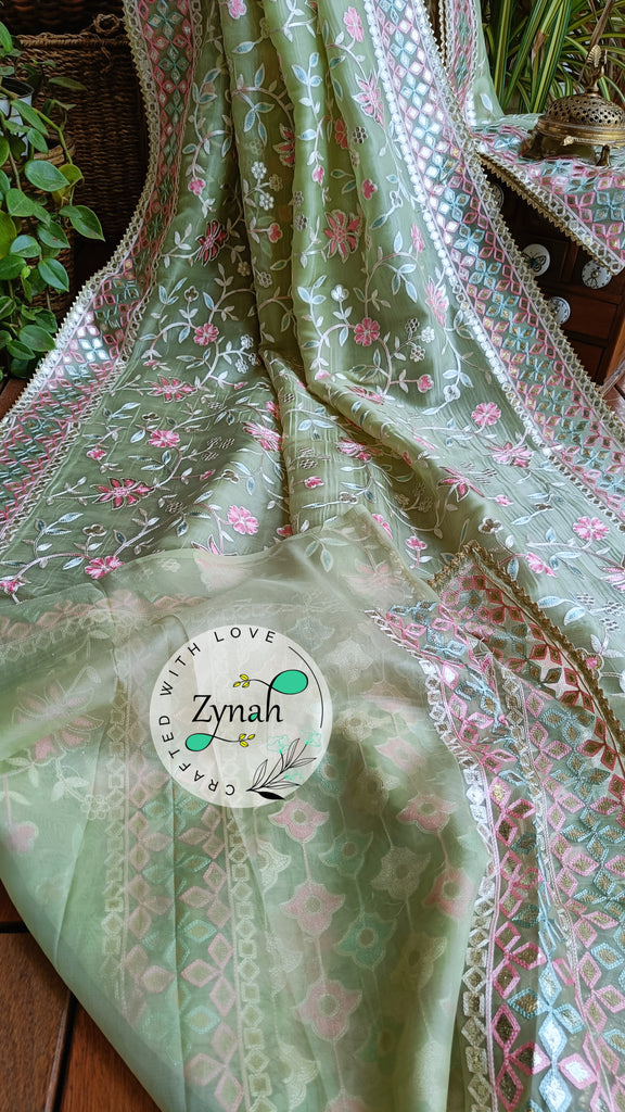 Zynah Pure Organza Silk Saree with Gotapatti Lace, Foil & Thread Embroidery Work; Custom Stitched/Ready-made Blouse, Fall, Petticoat; Shipping available USA, Worldwide