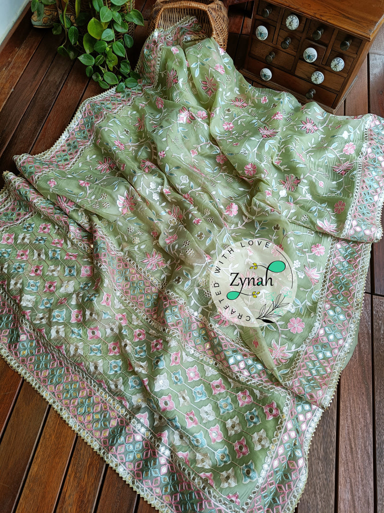 Zynah Pure Organza Silk Saree with Gotapatti Lace, Foil & Thread Embroidery Work; Custom Stitched/Ready-made Blouse, Fall, Petticoat; Shipping available USA, Worldwide