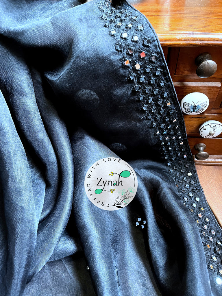 Zynah Pure Organza Silk Saree with Mirror Kutchi Work; Custom Stitched/Ready-made Blouse, Fall, Petticoat; Shipping available USA, Worldwide