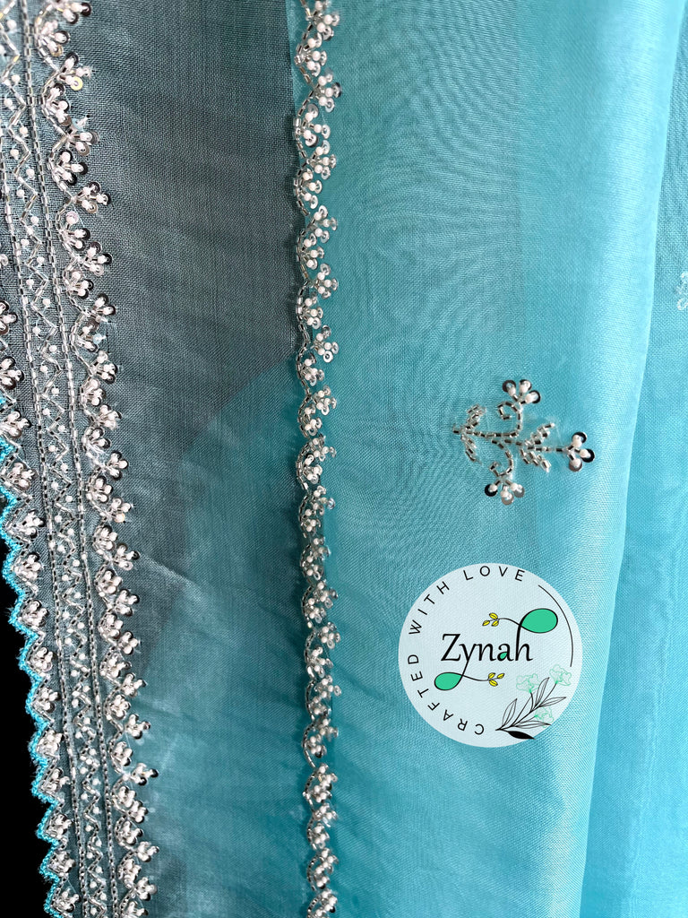 Zynah Light Blue Color Pure Organza Silk Saree with Sequence, Pearls & Cut-dana Work; Custom Stitched/Ready-made Blouse, Fall, Petticoat; Shipping available USA, Worldwide