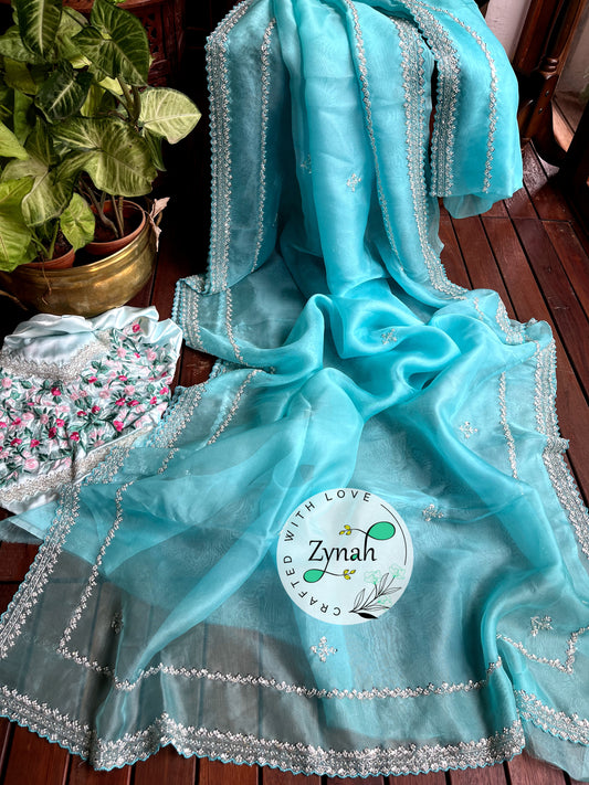 Zynah Light Blue Color Pure Organza Silk Saree with Sequence, Pearls & Cut-dana Work; Custom Stitched/Ready-made Blouse, Fall, Petticoat; Shipping available USA, Worldwide