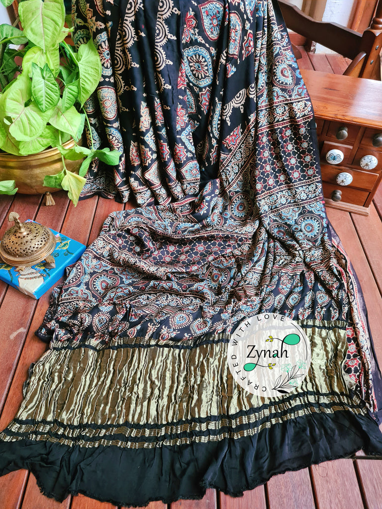 Zynah Black Color Pure Modal Silk Ajrakh Saree with Handblock Prints; Custom Stitched/Ready-made Blouse, Fall, Petticoat; Shipping available USA, Worldwide