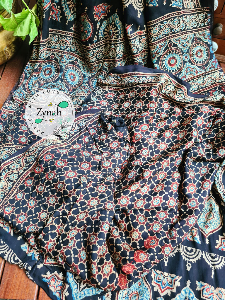 Zynah Black Color Pure Modal Silk Ajrakh Saree with Handblock Prints; Custom Stitched/Ready-made Blouse, Fall, Petticoat; Shipping available USA, Worldwide