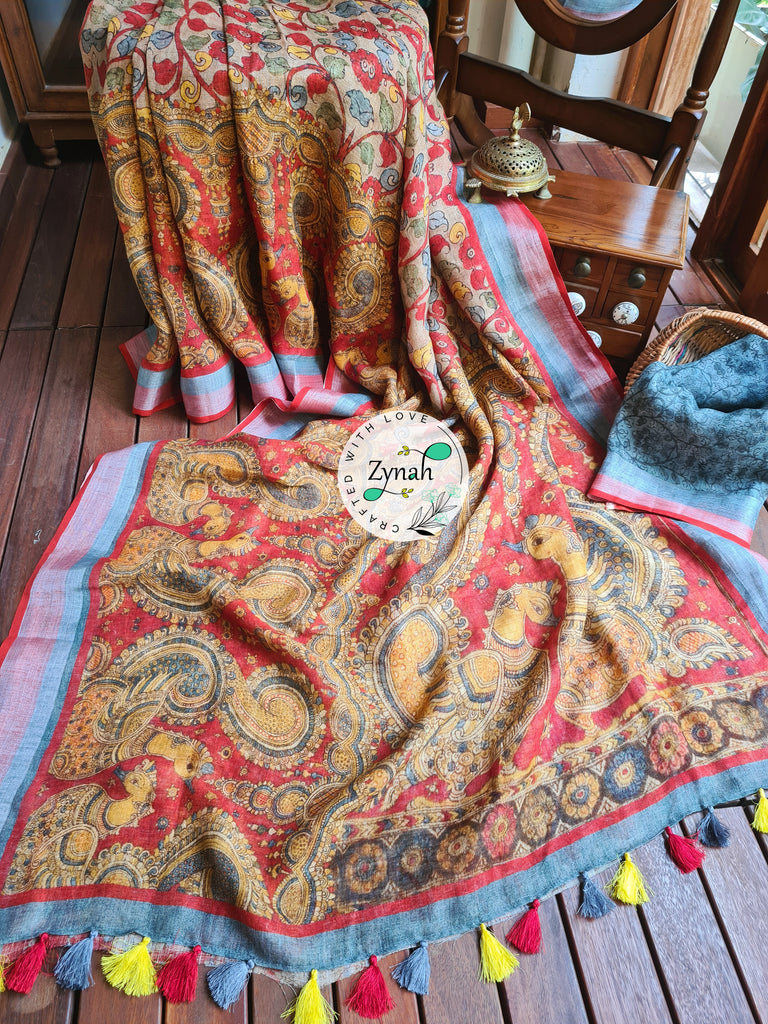 Zynah Beige Color Kalamkari Organic Lab Tested 120 Count pure 'Linen by Linen' Saree; Custom Stitched/Ready-made Blouse, Fall, Petticoat; Shipping available USA, Worldwide