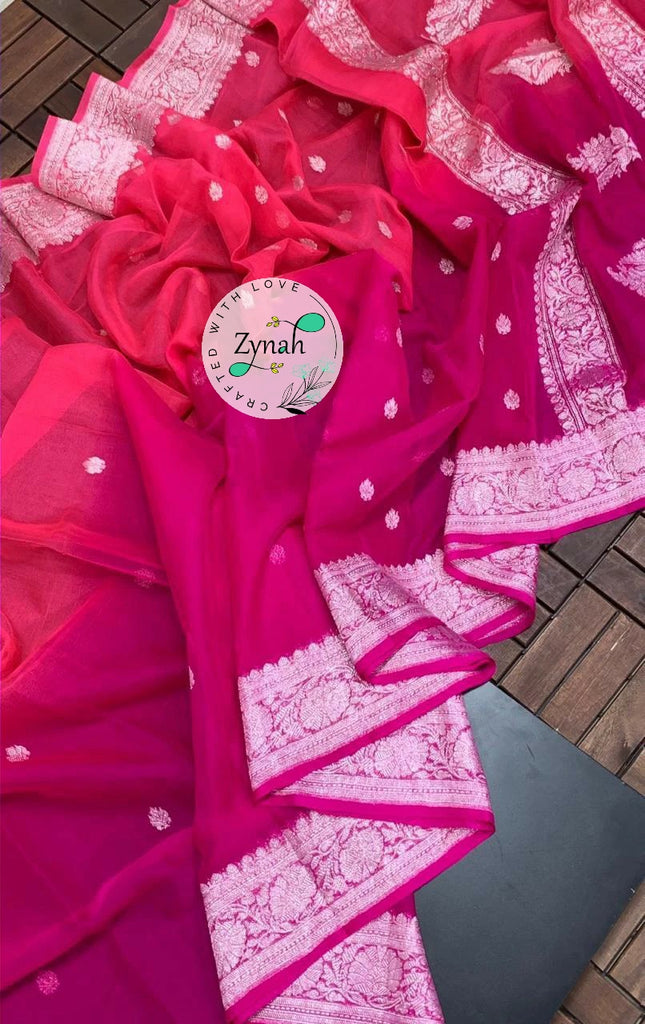 Zynah Pure Banarasi Handloom Khaddi Georgette Double-shaded Saree with Zari Weave; Custom Stitched/Ready-made Blouse, Fall, Petticoat; Shipping available USA, Worldwide