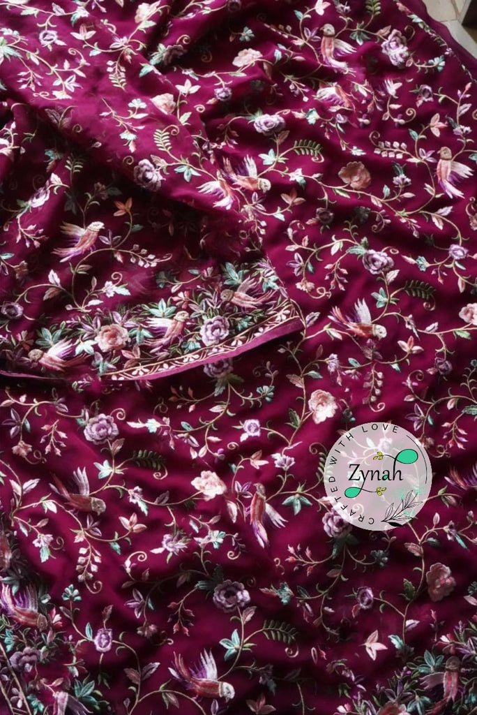 Zynah Pure Georgette Saree with Parsi Gara Inspired Embroidery; Custom Stitched/Ready-made Blouse, Fall, Petticoat; Shipping available USA, Worldwide