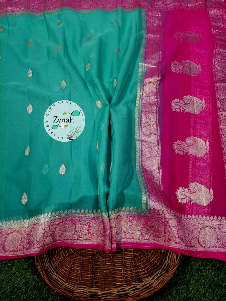 Zynah Pure Banarasi Handloom Khaddi Georgette Saree with Zari Weave; Custom Stitched/Ready-made Blouse, Fall, Petticoat; Shipping available USA, Worldwide