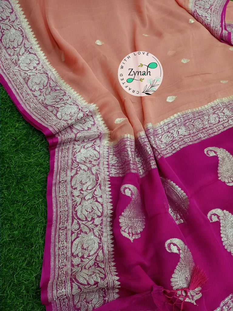 Zynah Pure Banarasi Handloom Khaddi Georgette Saree with Zari Weave; Custom Stitched/Ready-made Blouse, Fall, Petticoat; Shipping available USA, Worldwide