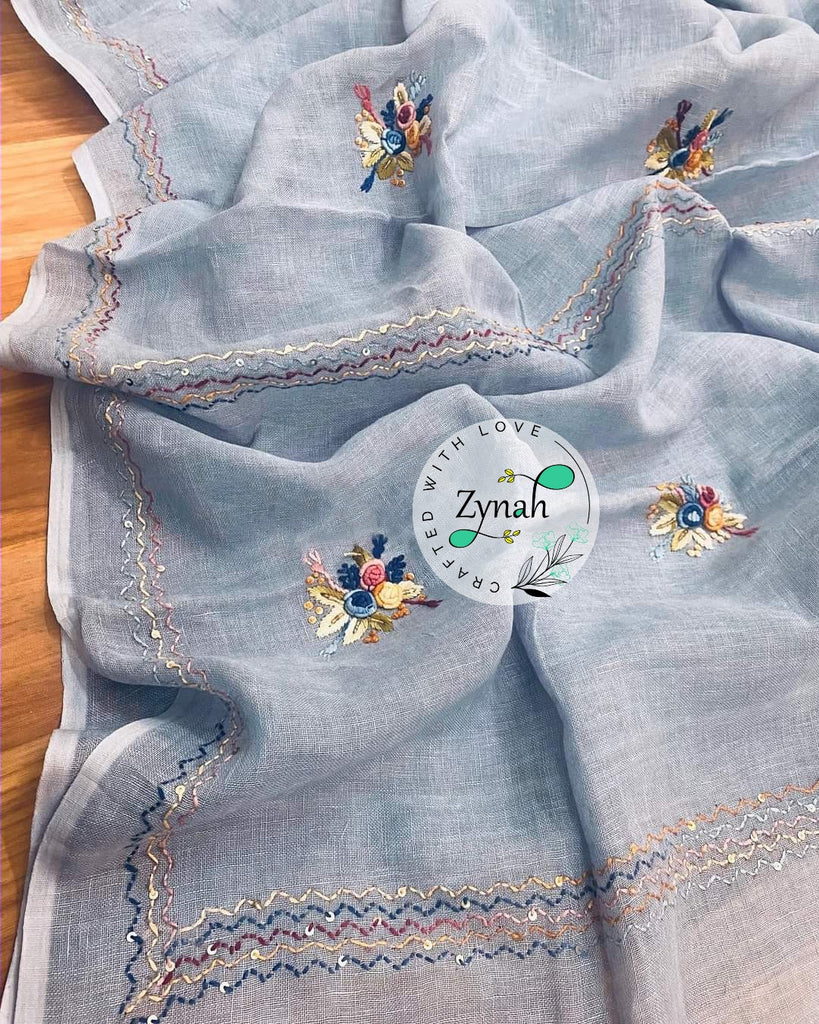 Zynah Pure Linen(120c) Handcrafted Saree with French Knot Hand Embroidery; Custom Stitched/Ready-made Blouse, Fall, Petticoat; Shipping available USA, Worldwide