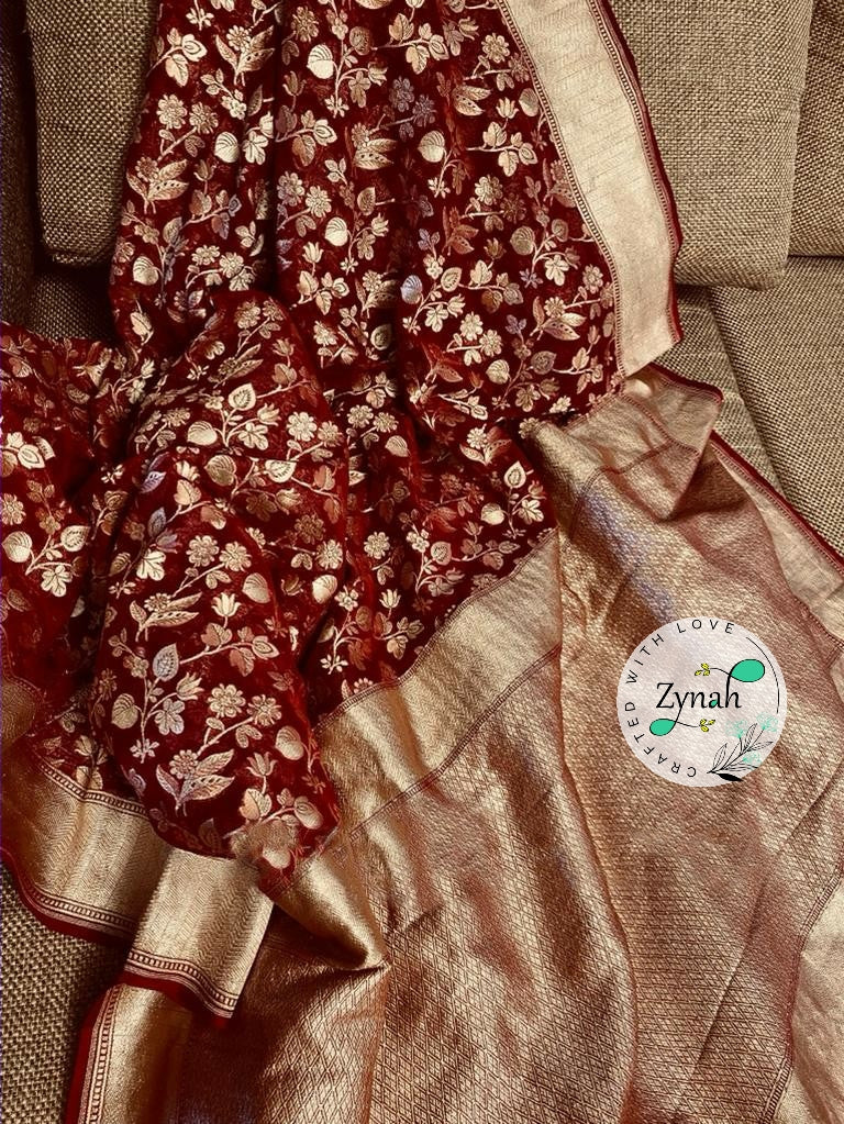 Zynah Pure Khaddi Georgette Saree with Floral Jaal; Custom Stitched/Ready-made Blouse, Fall, Petticoat; Shipping available USA, Worldwide