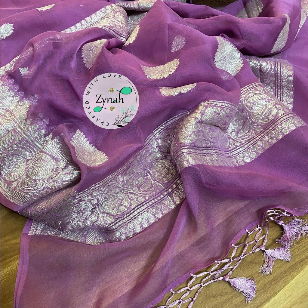 Zynah Pure Banarasi Handloom Khaddi Georgette Saree with Zari Border & Butis; Custom Stitched/Ready-made Blouse, Fall, Petticoat; Shipping available USA, Worldwide