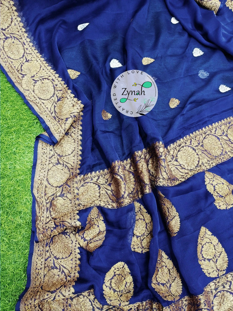 Zynah Pure Banarasi Handloom Khaddi Georgette Saree with Golden Zari Border & Butis; Custom Stitched/Ready-made Blouse, Fall, Petticoat; Shipping available USA, Worldwide