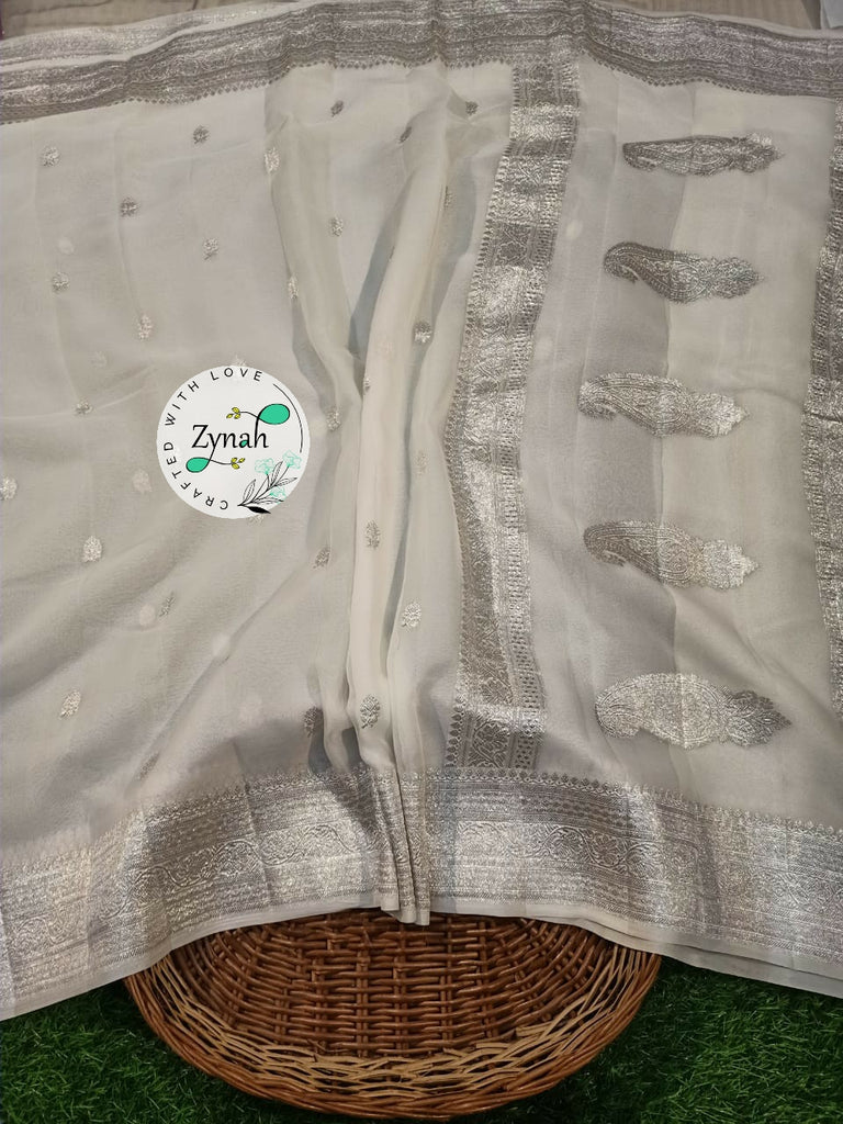 Zynah Pure Banarasi Handloom Khaddi Georgette Saree with Zari Border & Butis; Custom Stitched/Ready-made Blouse, Fall, Petticoat; Shipping available USA, Worldwide