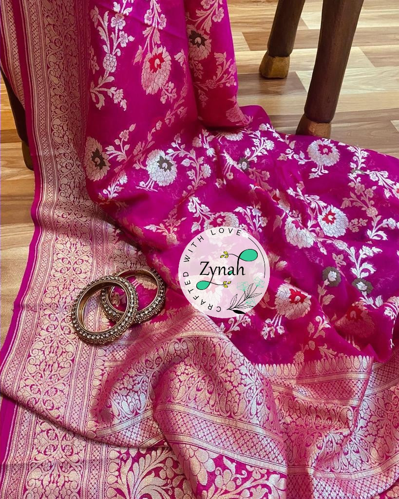 Zynah Pink Color Pure Khaddi Georgette Banarasi Saree with Golden Zari & Meenakari Weaved Motifs; Custom Stitched/Ready-made Blouse, Fall, Petticoat; Shipping available USA, Worldwide